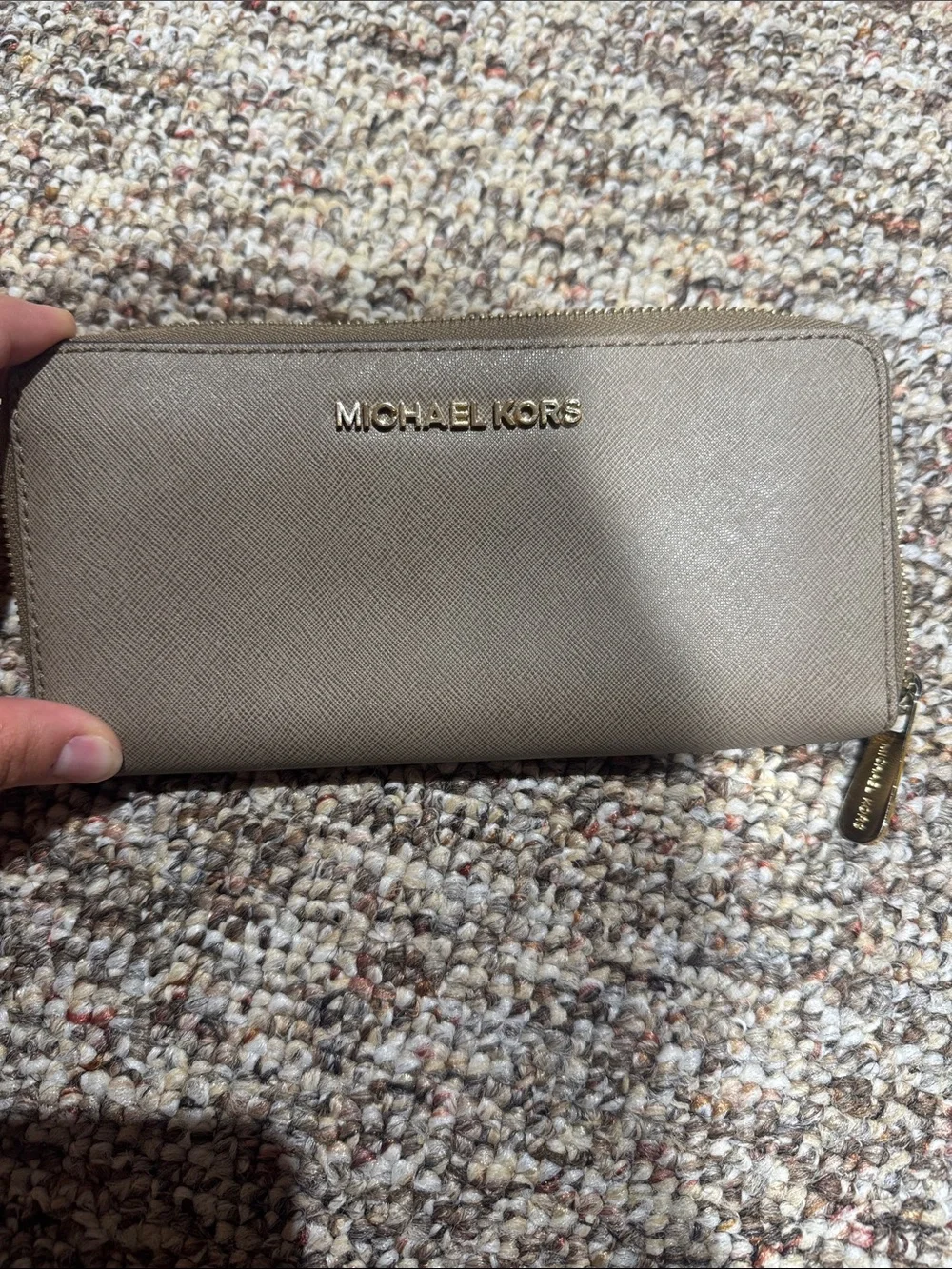 Michael Kors Neutral Taupe Zip Wallet with Gold Logo